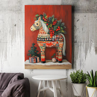 Scandinavian Folk Art Canvas Wall Art, Dala Horse Canvas Print, Festive Christmas Canvas Art, Nordic Holiday Wall Decor, Winter Home Present