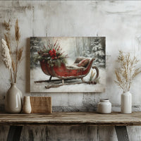 Snowy Winter Forest Canvas Print, Vintage Christmas Sleigh Canvas Art, Holiday Landscape Canvas Decor, Rustic Seasonal Wall Painting Present
