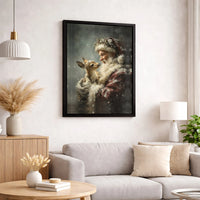 Vintage Christmas Canvas Painting, Santa Claus with Fawn Canvas Wall Art, Holiday Winter Scene Canvas Print, Festive Xmas Wall Art Decor