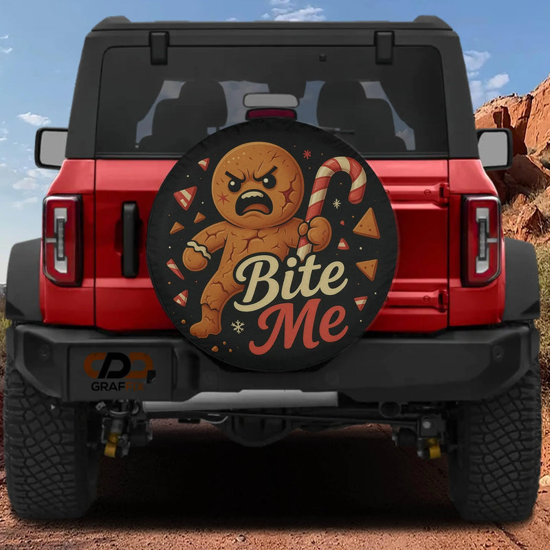 Bite Me Christmas Wheel Cover with Camera Hole, Angry Gingerbread Man Spare Tire Cover, Humorous Holiday Tire Cover, Jeep Bronco Tire Cover
