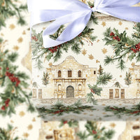 Historic Landmark Gift Wrap, Texas Alamo Christmas Wrapping Paper, Festive Holly Berry Wrapping Paper, Winter Holiday Texas Wrapping Paper