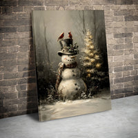 Rustic Winter Christmas Tree Canvas Print, Snowman with Cardinals Canvas Wall Art, Festive Holiday Wall Decor, Winter Scene Canvas Art