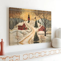Snowy Church Christmas Canvas Print, Winter Christmas Village Canvas Wall Art, Folk Art Christmas Wall Art, Digital Download Holiday Print