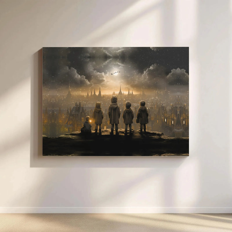 Santa Sleigh Silhouette Canvas Print, Christmas Eve City Canvas Wall Art, Magical Winter Holiday Canvas, Festive Room Wall Decor Xmas Present