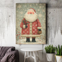 Whimsical Holiday Holly Canvas Print, Vintage Santa Claus Canvas Wall Art, Christmas Canvas Decor, Winter Home Wall Art, Xmas Holiday Present