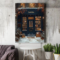 Snowy Winter Shop Canvas Print, Christmas Bookstore Canvas Wall Art, Comfy Holiday Bookshop Wall Decor, Festive Winter Canvas, Bookish Present