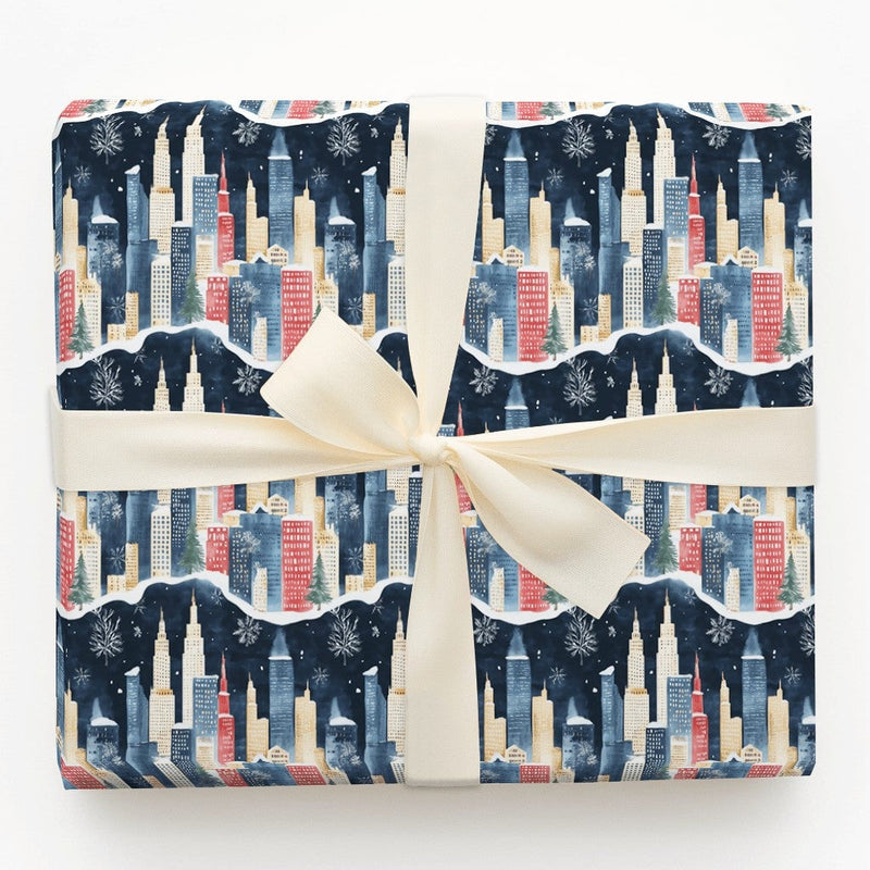 Watercolor Snowy Urban Gift Wrap, Winter City Skyline Wrapping Paper, Festive Christmas City Present Wrap, Holiday Packaging Roll