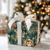 Adorable Animal Holiday Gift Wrap, Watercolor Baby Monkey Christmas Wrapping Paper, Pine Berry Monkey Wrapping Paper, Green Xmas Gift Wrap Roll