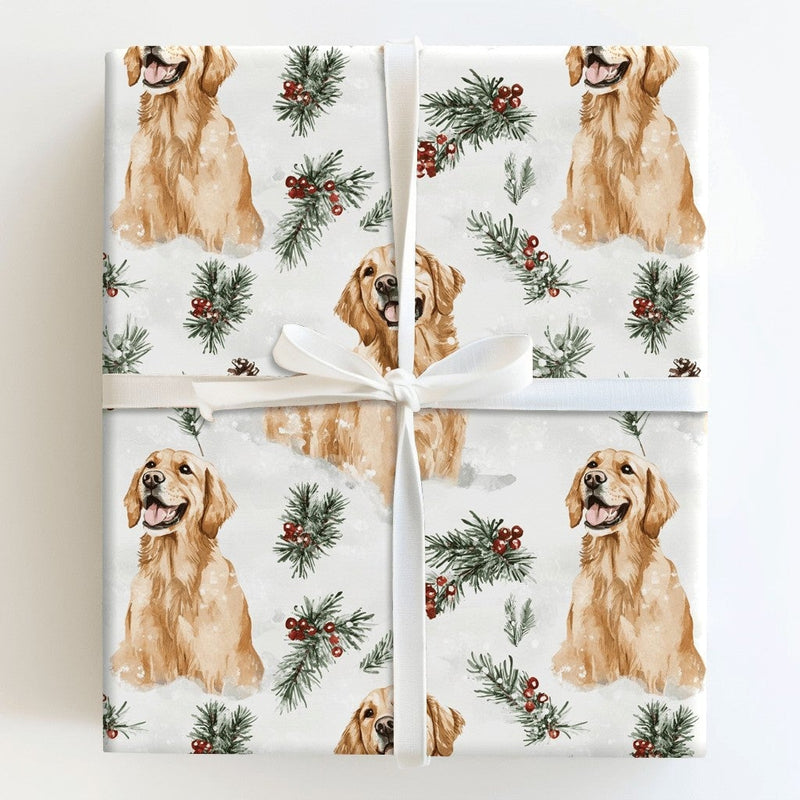 Watercolor Winter Dog Gift Wrap, Golden Retriever Wrapping Paper, Christmas Dog Gift Wrapping Paper, Holiday Pet Gift Wrap