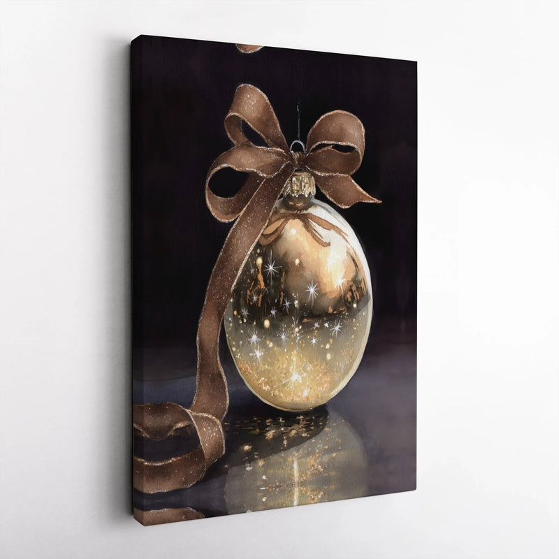 Sparkling Ribbon Holiday Decor, Gold Christmas Ornament Canvas Wall Art, Elegant Festive Winter Print, Digital Download Wall Art