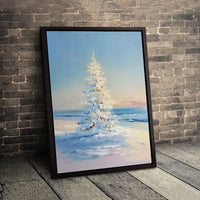 Snowy Beach Impressionist Wall Decor, Coastal Christmas Tree Canvas Art, Holiday Ocean Landscape Print, Digital Download Xmas Present