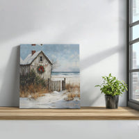 Snowy Seaside Shack Painting Print, Coastal Christmas Beach Cottage Canvas Art, Nautical Holiday Wall Decor, Winter Digital Download
