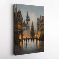 Vintage City Square Winter Wall Art, Snowy European Christmas Market Canvas Art, Comfy Holiday Town Canvas Print, Seasonal Xmas Home Decor