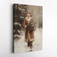 Snowy Forest Santa Canvas Print, Vintage Santa Claus Canvas Wall Art, Christmas Tree Santa Canvas Decor, Winter Holiday Wall Art, Xmas Present