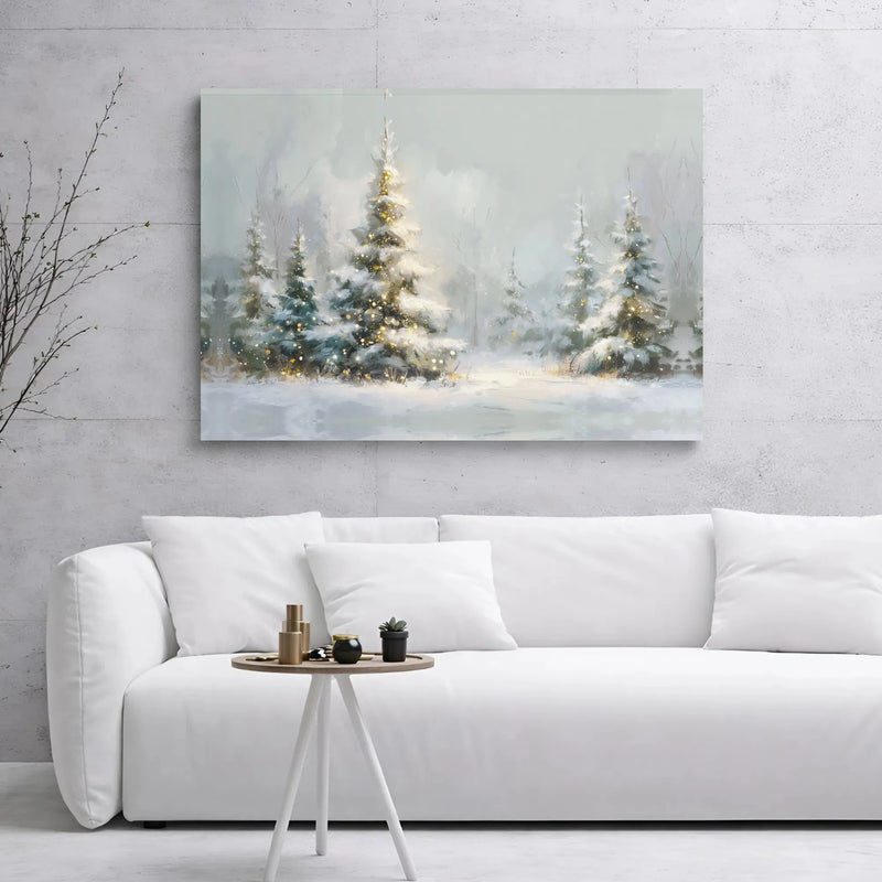 Glowing Christmas Tree Canvas Print, Snowy Winter Forest Canvas Wall Art, Holiday Pine Forest Canvas Decor, Festive Winter Scene Canvas
