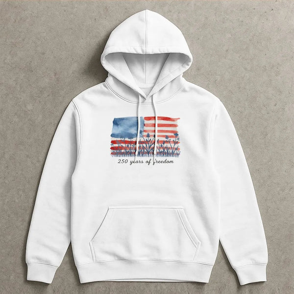 American Flag Hoodie | 250 Years of Freedom Watercolor Wildflower Art | Premium Cotton-Polyester Blend | Patriotic Gift for Americans