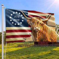 Highland Cow American Flag House Flag | 250 Years Strong 1776-2026 Patriotic Design | Double-Sided Polyester | Farmhouse Outdoor Decor