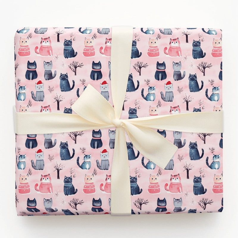 Adorable Kitten in Santa Hat Gift Wrap, Christmas Cat Wrapping Paper, Pink Winter Holiday Wrapping Paper, Cat Lover Present Gift Wrap Roll