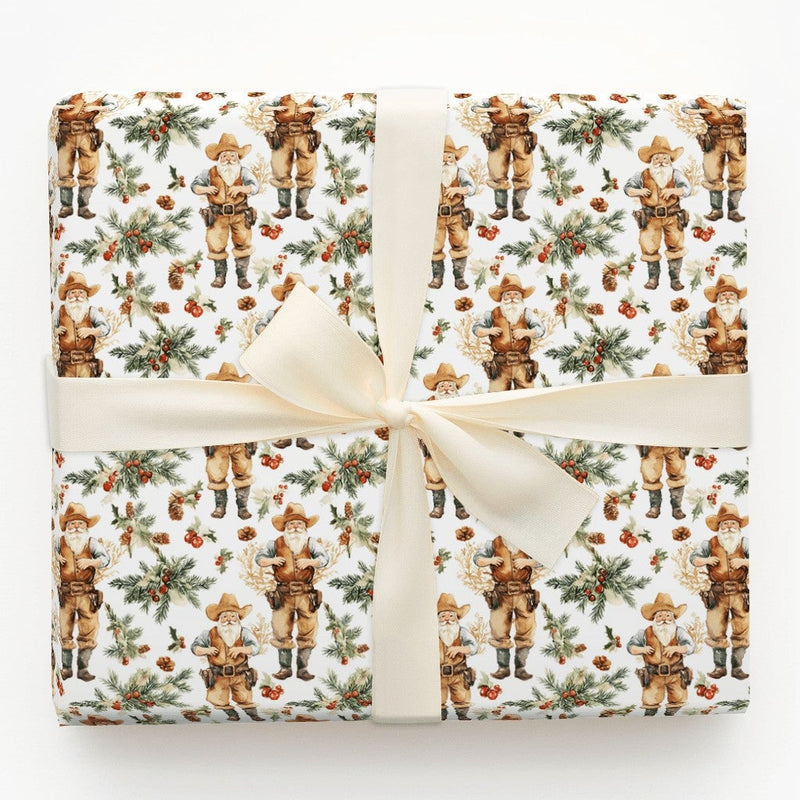 Rustic Country Christmas Gift Wrap, Western Cowboy Santa Wrapping Paper, Cowboy Hat Santa Holiday Paper, Pinecone Present Wrapping Roll