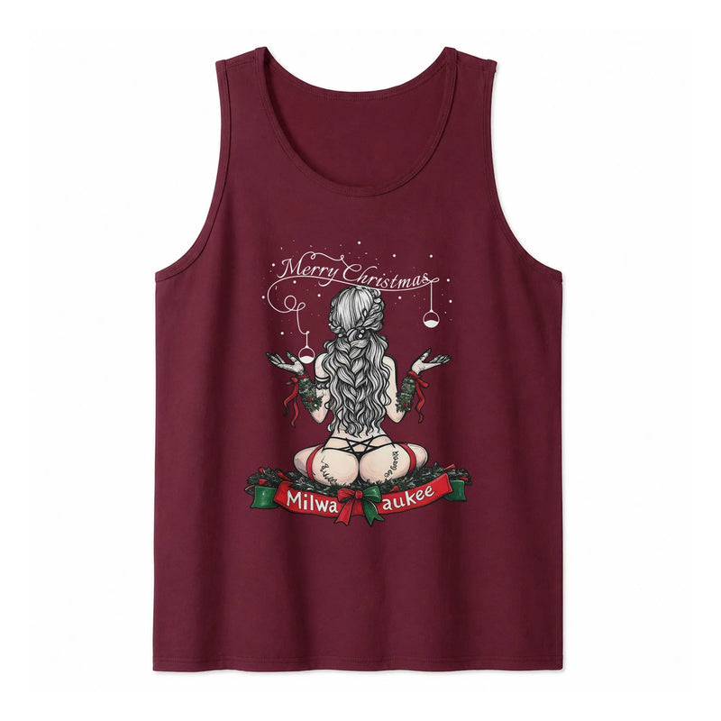 Cheeky Holiday Pinup Girl Tank, Merry Christmas Milwaukee Tank Top, Retro Christmas Graphic Tank, Milwaukee Fan Present, Womens Holiday Apparel