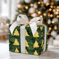 Watercolor Holiday Gift Wrap, Gold Christmas Tree Wrapping Paper, Dark Green Winter Wrapping Paper, Elegant Forest Xmas Gift Wrap Roll