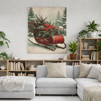 Rustic Red Sled Snowy Pine Canvas, Vintage Christmas Sleigh Canvas Wall Art Print, Festive Holiday Farmhouse Digital Download Decor