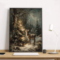 Vintage Fawn Snowy Forest Art Poster, Christmas Deer Wall Art Poster, Rustic Holiday Tree Wall Decor, Xmas Artwork, Digital Download Poster