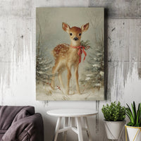 Snowy Forest Deer Canvas Print, Vintage Christmas Fawn Canvas Wall Art, Winter Holiday Wall Decor, Woodland Animal Art Canvas, Festive Present