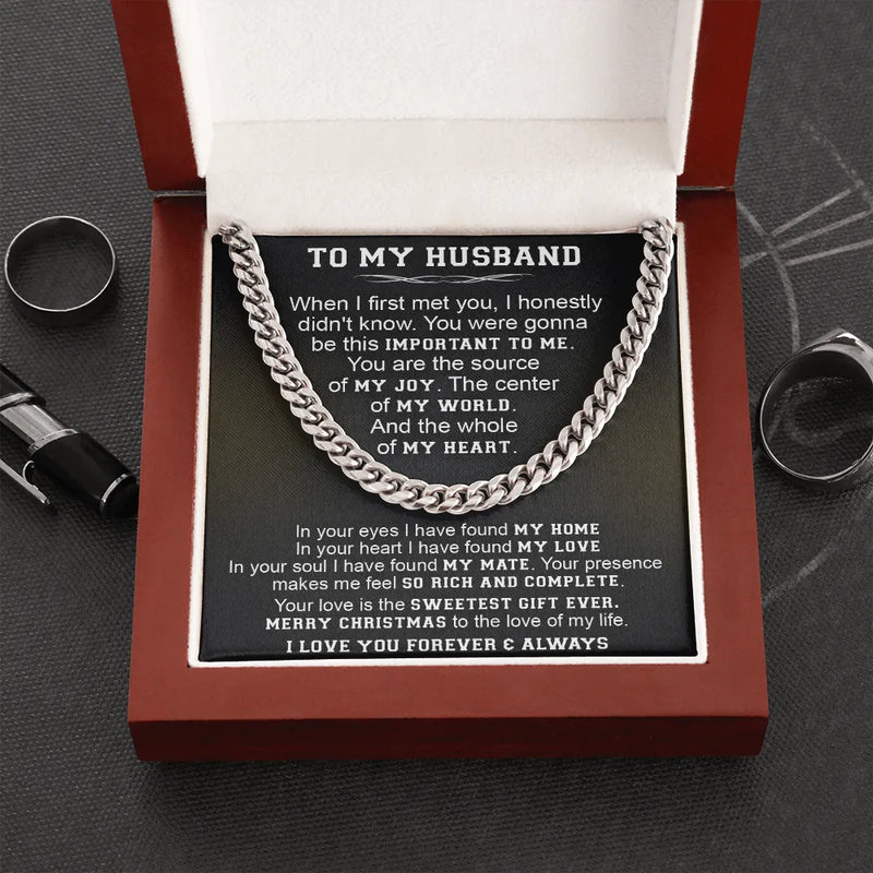 Christmas Message Card Chain Necklace, Husband Cuban Link Chain Necklace, Polished Stainless Steel Mens Anniversary Jewelry