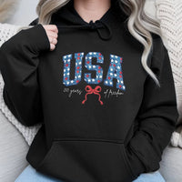 USA 250 Years of Freedom Hoodie | Patriotic Star-Filed Varsity Lettering with Coquette Bow | Soft Cotton-Blend Pullover | Gift for America 250th Aniversary