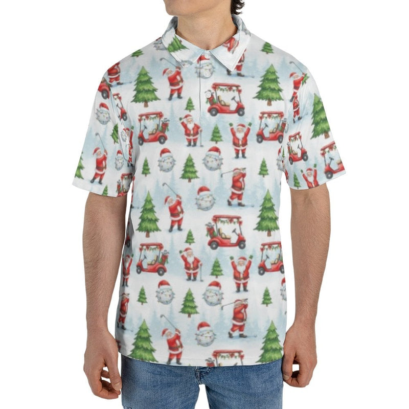 Humorous Christmas Golf Shirt, Santa Playing Golf Polo Shirt, Holiday Golfer Polo, All-Over Xmas Print Collared Shirt, Christmas Golfer Present