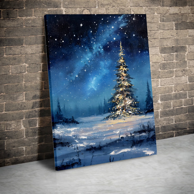 Snowy Night Holiday Canvas Print, Christmas Tree Canvas Wall Art, Winter Landscape Canvas Painting, Festive Seasonal Home Wall Decor