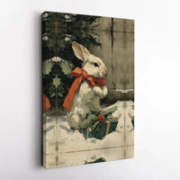 Festive Bunny Canvas Print, Vintage Christmas Rabbit Canvas, Winter Holly Rabbit Wall Art, Holiday Bunny Canvas, Christmas Home Decor Present