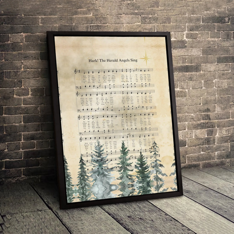 Vintage Christmas Carol Sheet Music Canvas Print, Hark the Herald Angels Sing Canvas Wall Art, Religious Pine Tree Wall Decor Present Art