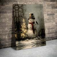 Rustic Winter Forest Christmas Tree Scene, Vintage Snowman Canvas Wall Art Print, Farmhouse Holiday Digital Download Wall Decor