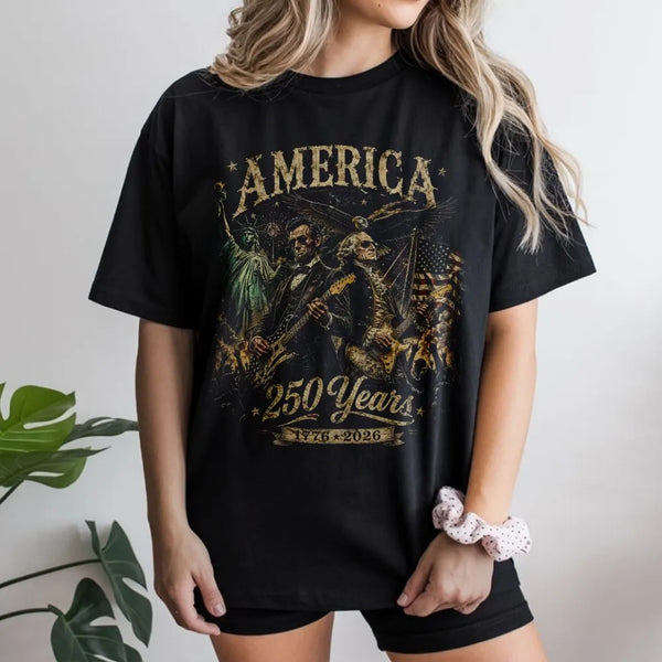 America 250 Years T-Shirt | George Washington Abraham Lincoln Vintage Art | 100% Soft Cotton Tee | Patriotic Gift for History Lovers