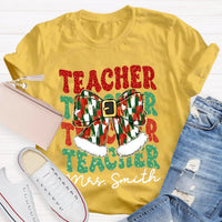Custom Name Holiday Educator Graphic Tee, Personalized Teacher Christmas Bow Shirt, Adorable Winter Classroom T-Shirt, Teacher Xmas Present Idea