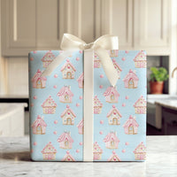 Watercolor Gingerbread Gift Wrap, Pink Gingerbread House Wrapping Paper, Pastel Pink Christmas Wrapping Paper, Adorable Holiday Gift Wrap Roll