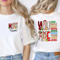 Custom Name Holiday Educator Shirt, Personalized Christmas Teacher T-Shirt, Two Sided Festive Graphic Tee, Xmas Teacher Season Present