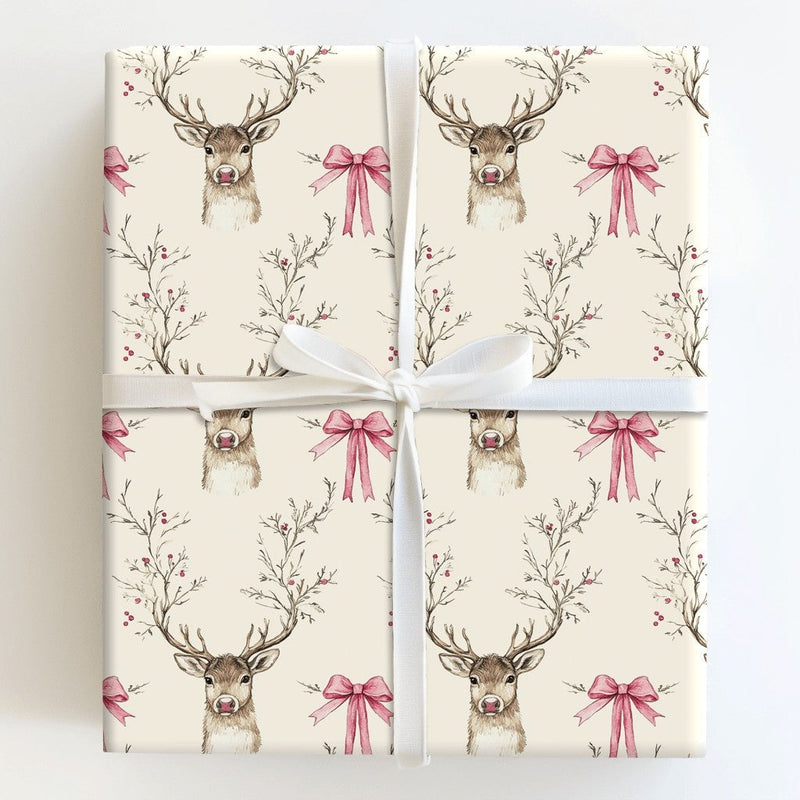 Pink Bow and Berry Branch Gift Wrap, Watercolor Reindeer Wrapping Paper, Rustic Holiday Deer Wrapping Paper, Elegant Christmas Gift Wrap