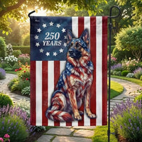 German Shepherd Betsy Ross Garden Flag | 250 Years Patriotic Dog Design | Double-Sided UV-Resistant Polyester | American History Decor