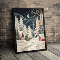 Snowy Winter Night Cabin Wall Art, Christmas Village Canvas Print, Comfy Holiday Landscape Decor, Xmas Digital Download Home Decor