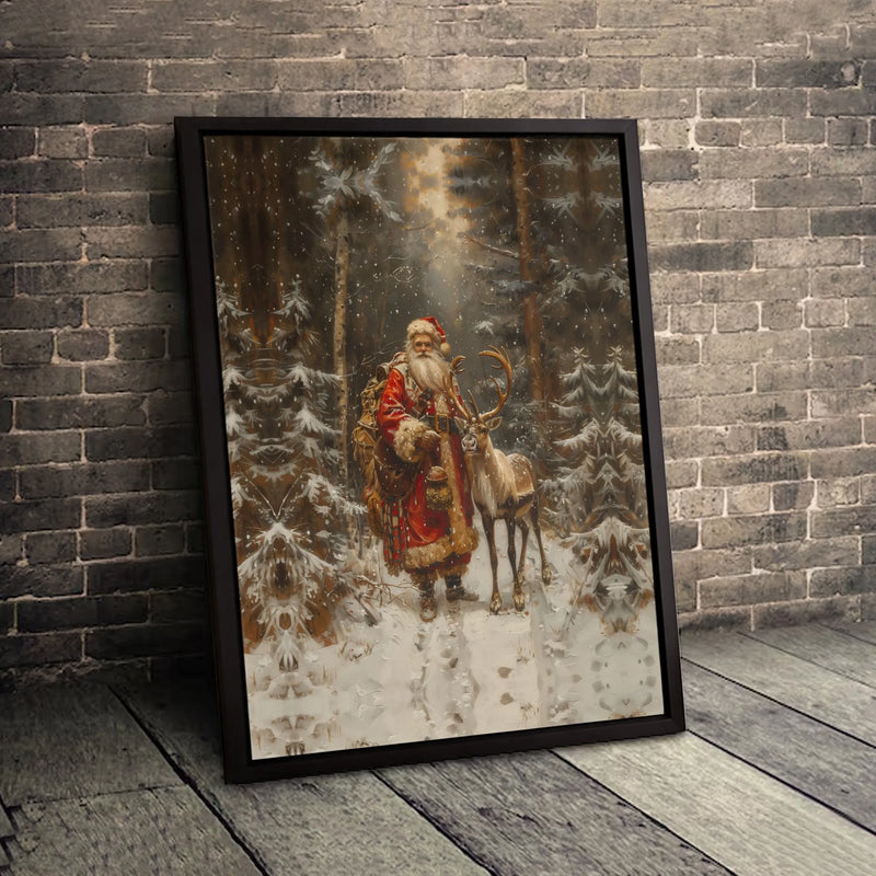 Snowy Winter Forest Canvas Wall Art, Santa Claus and Reindeer Canvas Print, Christmas Holiday Landscape Canvas, Rustic Xmas Home Decor