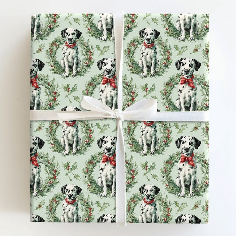 Sage Green Dog Gift Wrap, Dalmatian Puppy Christmas Wrapping Paper, Wreath Present Wrap, Pet Lover Holiday Wrapping Paper, Xmas Gift Wrap