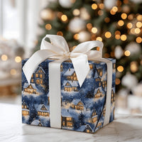 Snowy Night Christmas Gift Wrap, Winter Village Wrapping Paper, Comfy Holiday Town Watercolor Wrapping Paper, Festive Xmas Present Gift Wrap