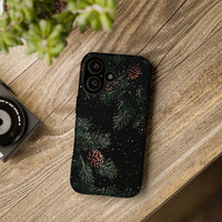 Winter Evergreen Branch Phone Case, Pine Cone iPhone Phone Case, Falling Snow Botanical Tough Cover, Nature Lover Christmas Present