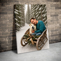 Rustic Snowy Forest Sled Canvas Print, Winter Sleigh Dog Canvas Wall Art, Comfy Pet Owner Holiday Wall Art, Dog Lover Christmas Canvas