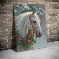 Holly Wreath Winter Scene Canvas Print, Christmas White Horse Canvas Wall Art, Farmhouse Horse Wall Art, Winter Holiday Canvas