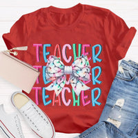 Festive Holiday Coquette Bow Shirt, Christmas Teacher Bow T-Shirt, Adorable Christmas Teacher Graphic Tee, Merry Xmas Educator Top