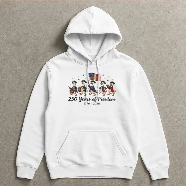 Patriotic Goose Hoodie | 250 Years of Freedom 1776-2026 Cartoon Art | Premium Cotton-Polyester Blend | Gift for History Lovers